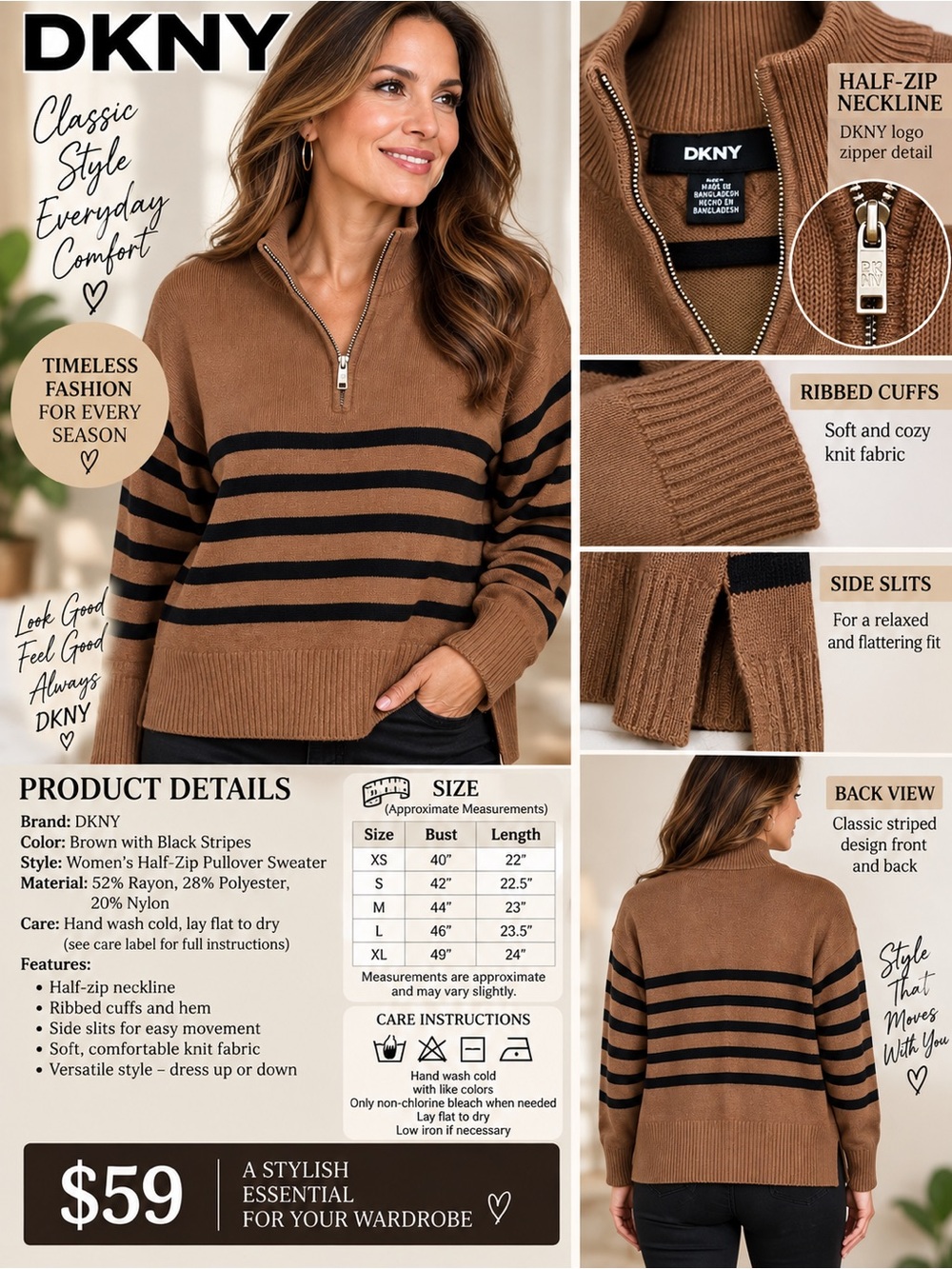 DKNY Brown Pullover Sweater with Black Stripes